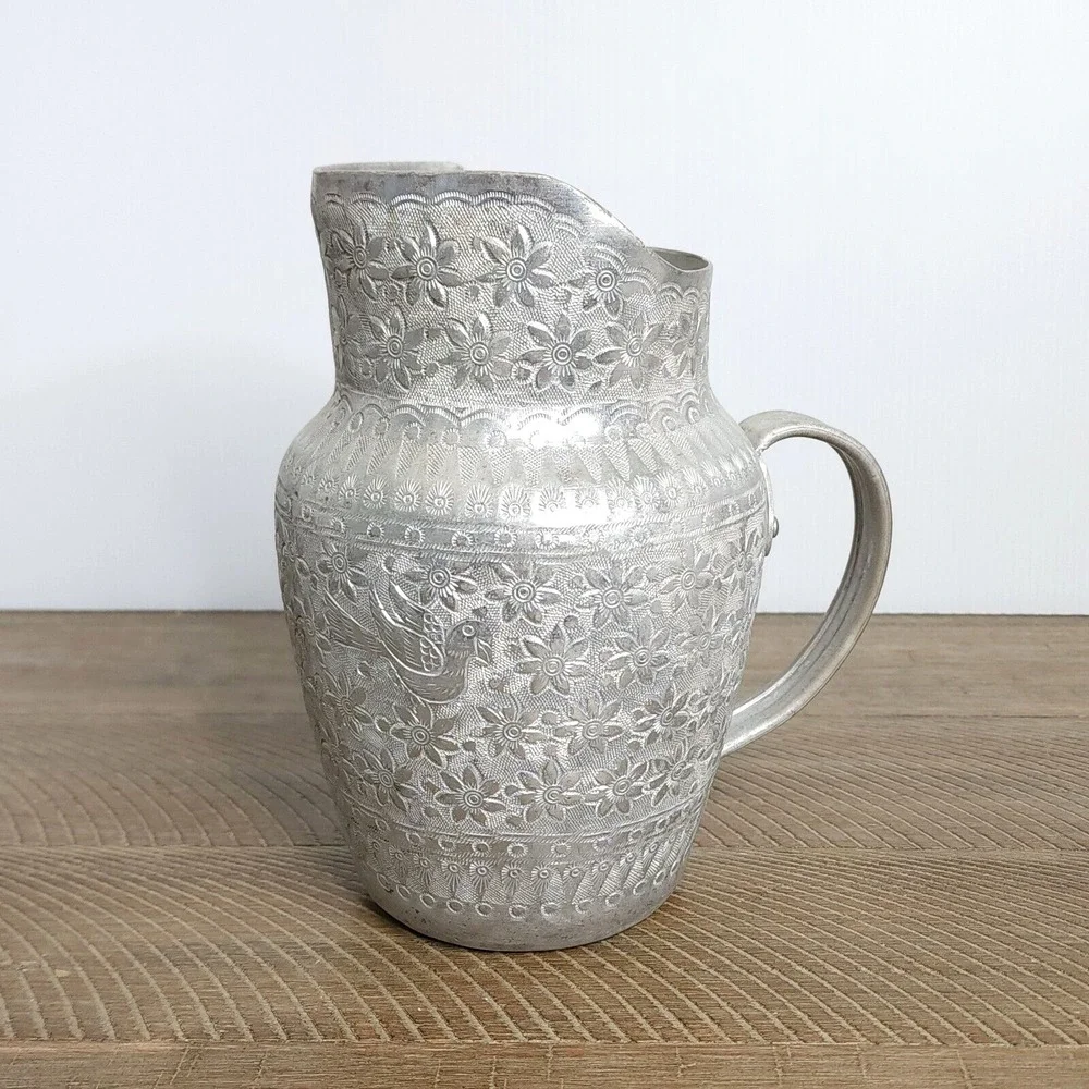 Vintage Etched Floral Aluminum Water Pitcher Diamond‎ Brand Made in Thailand